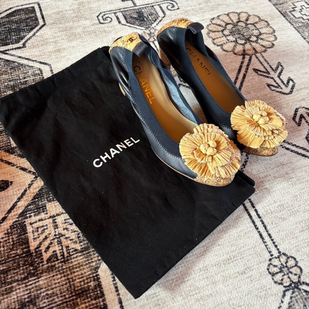 Chanel Women's Blue and Gold Cork Heel